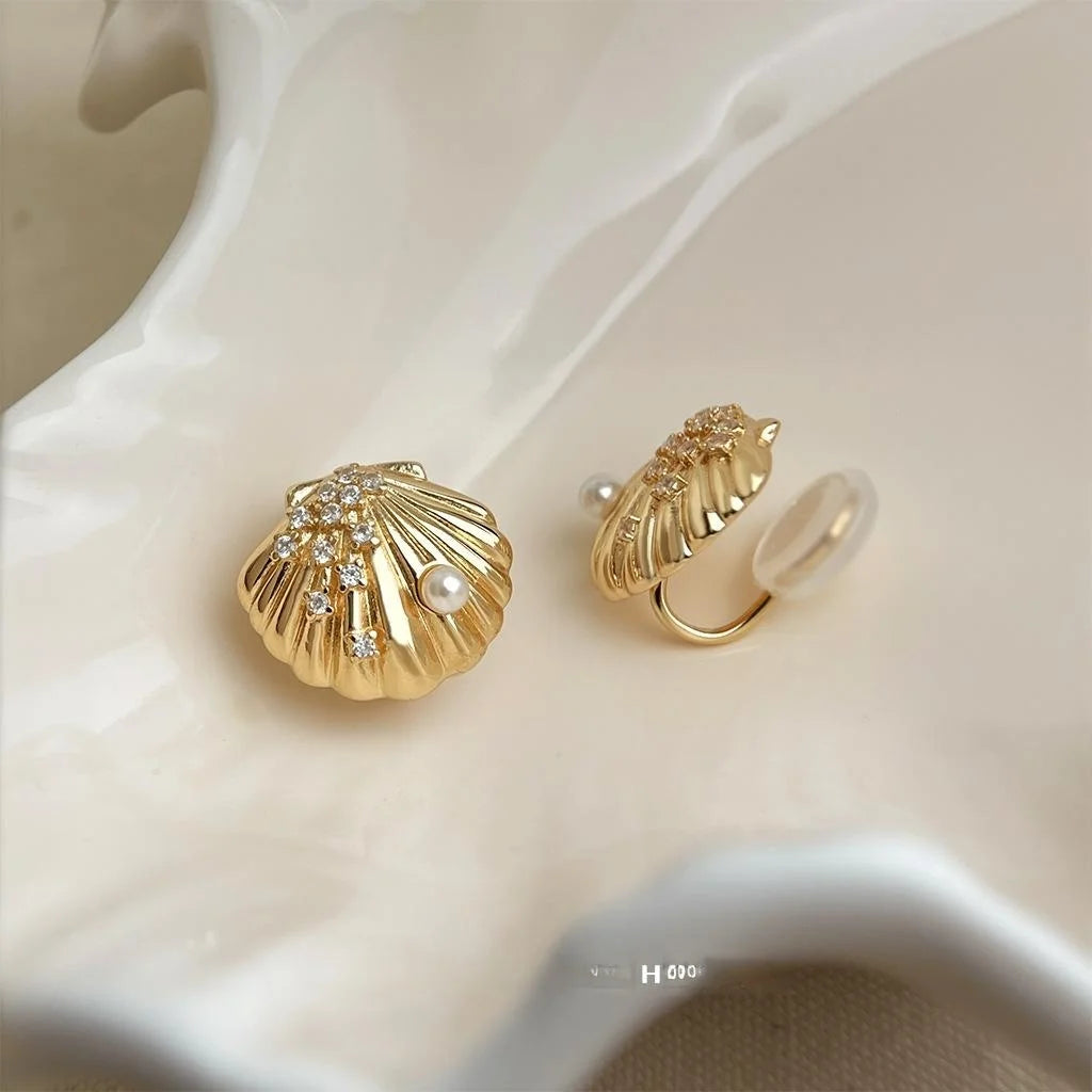 14K Gold Plated Copper Shell Stud Earrings With Micro Pave Zircon Ocean Star Luxury Style