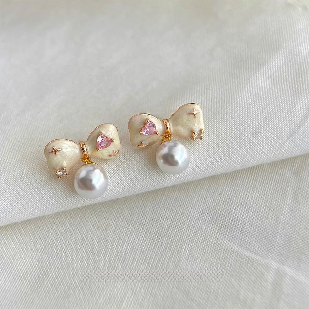 14K Gold Plated Copper Bow Stud Earrings With Micro Pave Zircon Handmade Enamel Korean Sweet Style