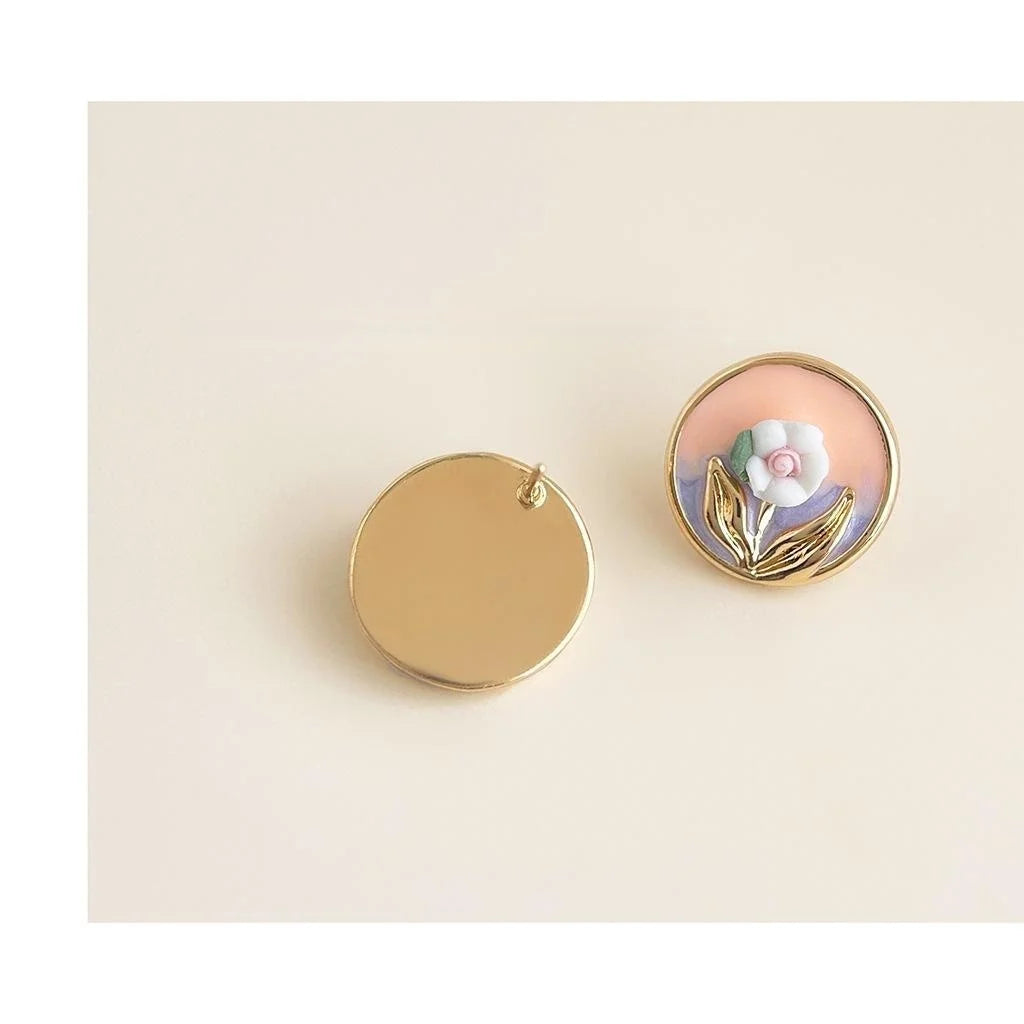 14K Gold Plated Copper Ceramic Geometric Flower Stud Earrings Fresh Sweet Enamel Style
