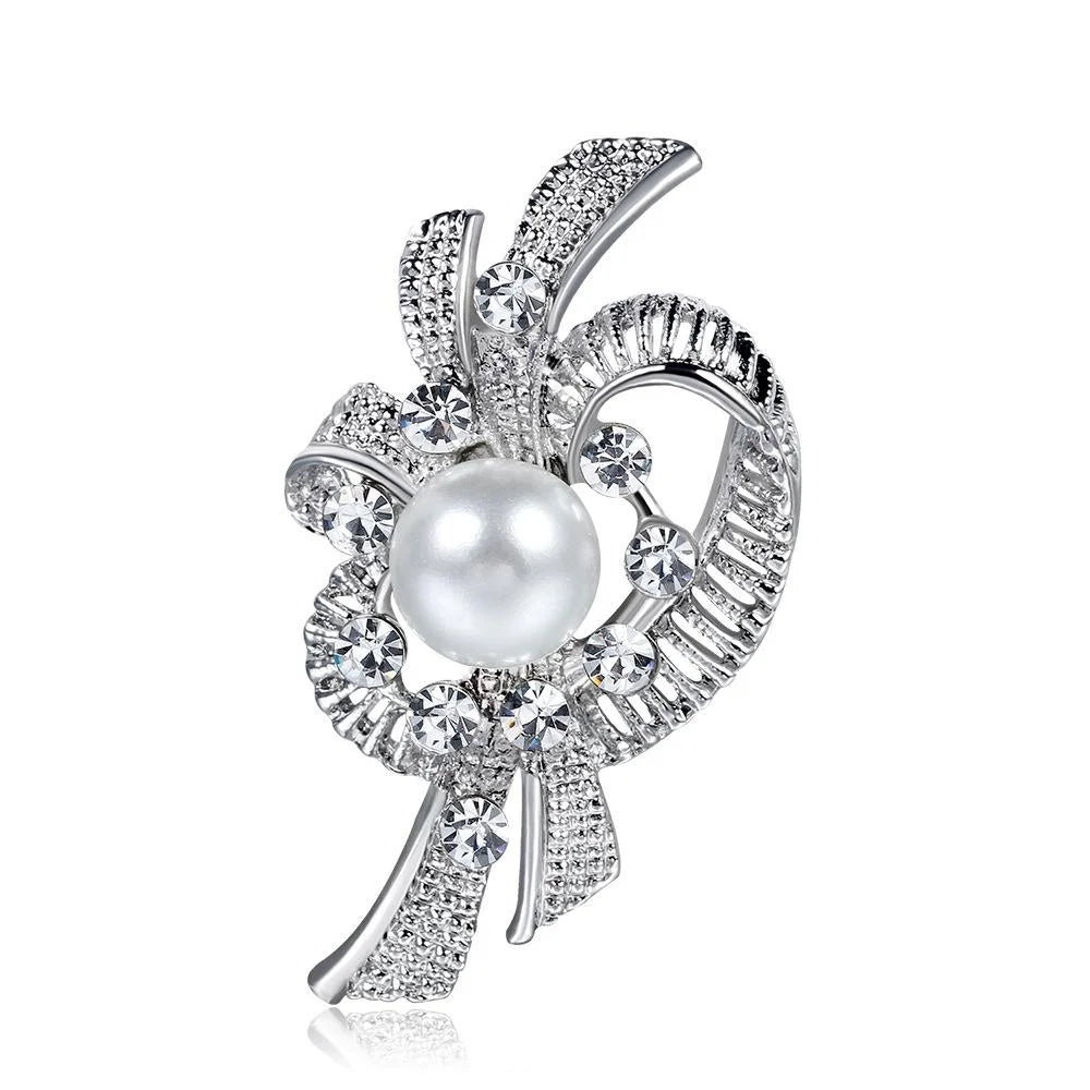 Elegant Pearl And Rhinestone Swirl Flower Brooch, Silver Alloy Wedding Corsage Lapel Pin Gift