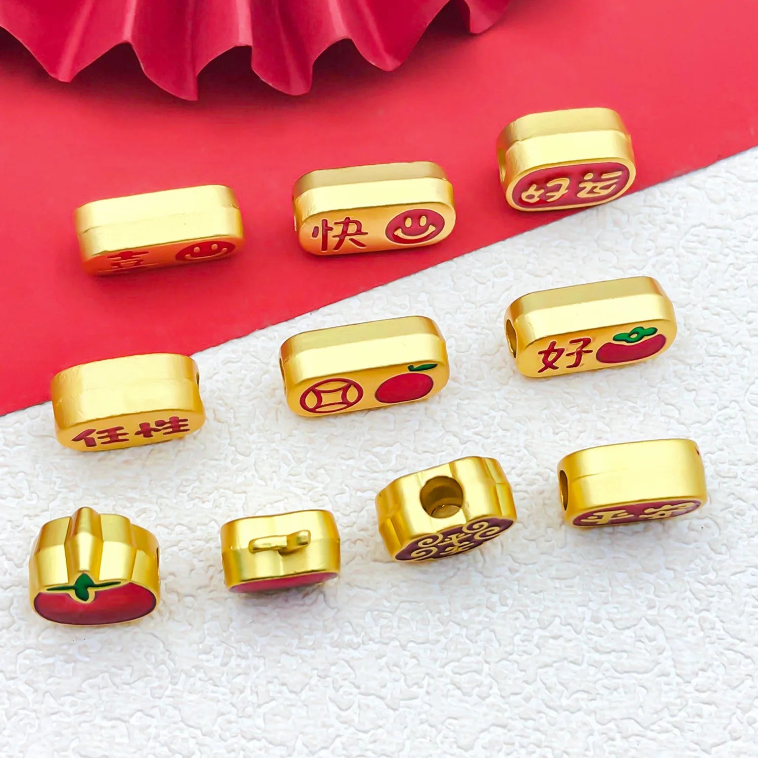 Matte Gold Enamel Zinc Alloy Peace Xi Money Good Luck large hole spacer beads for bracelets