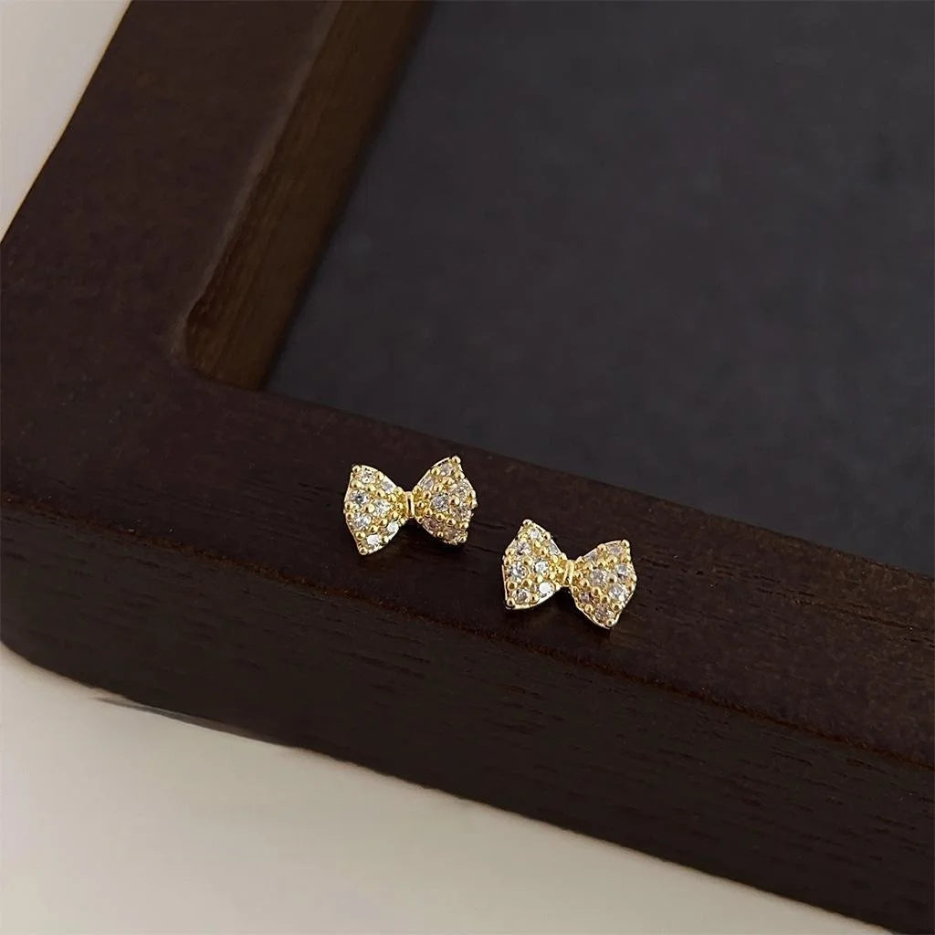 Mini Bow Stud Earrings 14K Plated Copper Micro Pave Zircon Fresh Minimalist Jewelry