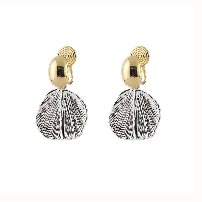 Vintage Two Tone Alloy Seashell Dangle Stud & Clip On No Piercing Elegant Metal Shell Earrings