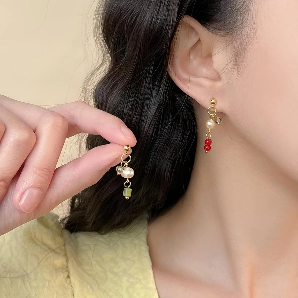 Designer Freshwater Pearl Asymmetric AB Drop Earrings New Chinese Style Geometric Jewelry