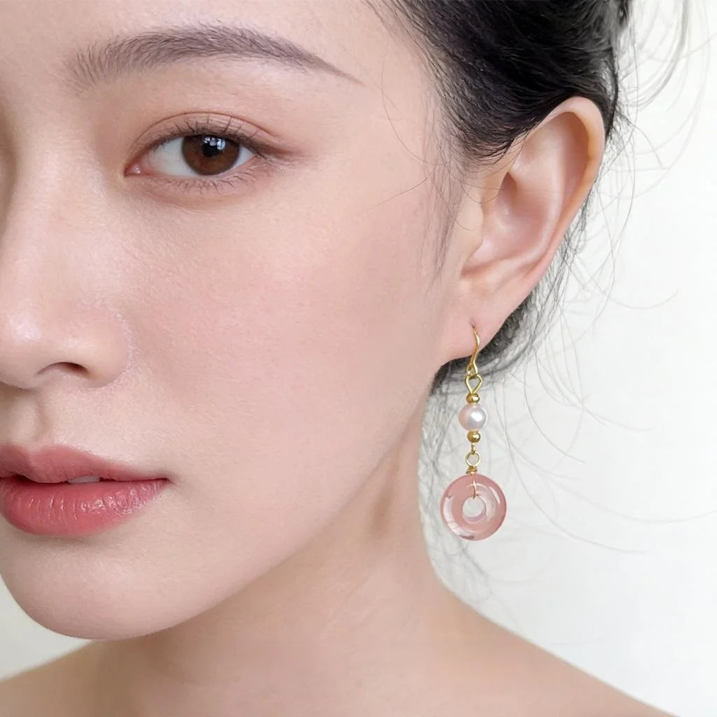 New Chinese Red Natural Stone Copper Geometric Peace Buckle Tassel Drop Earrings