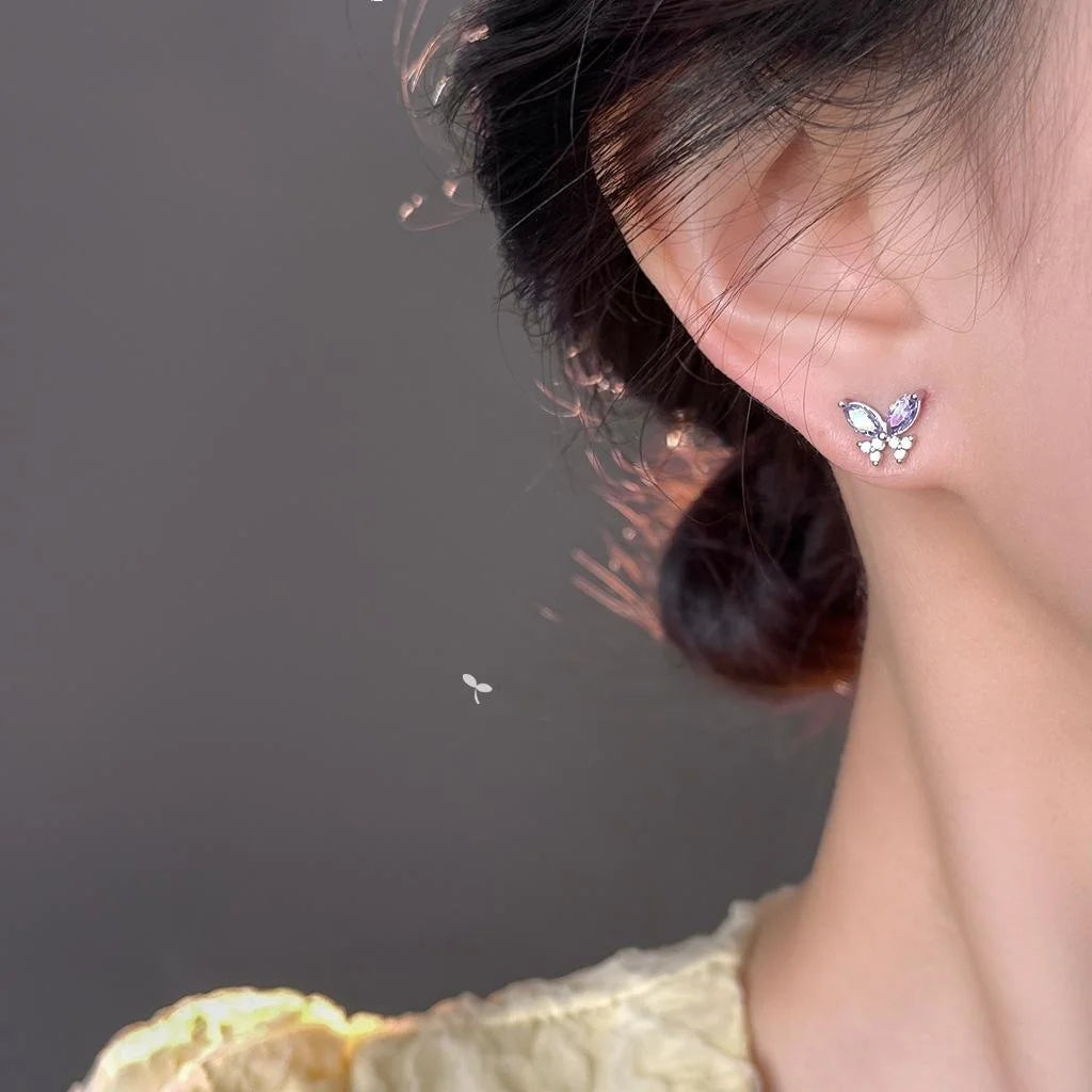 Sweet Purple Zircon Butterfly Stud Earrings Silver Plated Copper Light Luxury Jewelry