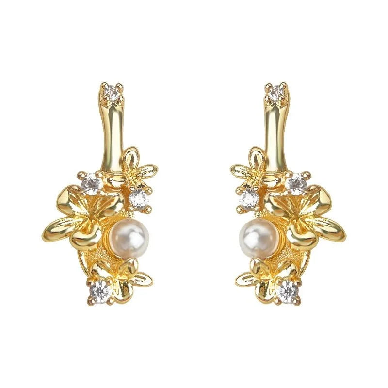 French Vintage Floral Zircon Stud Earrings Copper Dainty Flower Petal Jewelry