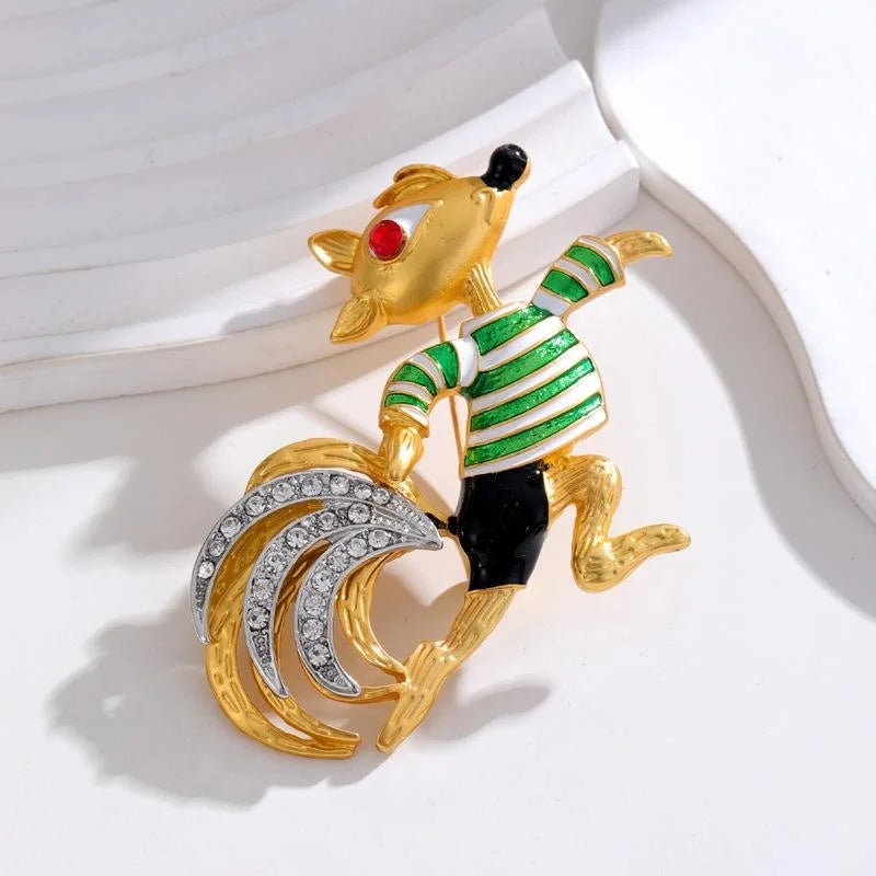 Cute Cartoon Squirrel Enamel Rhinestone Brooch, Gold Tone Alloy Animal Lapel Pin Corsage Gift