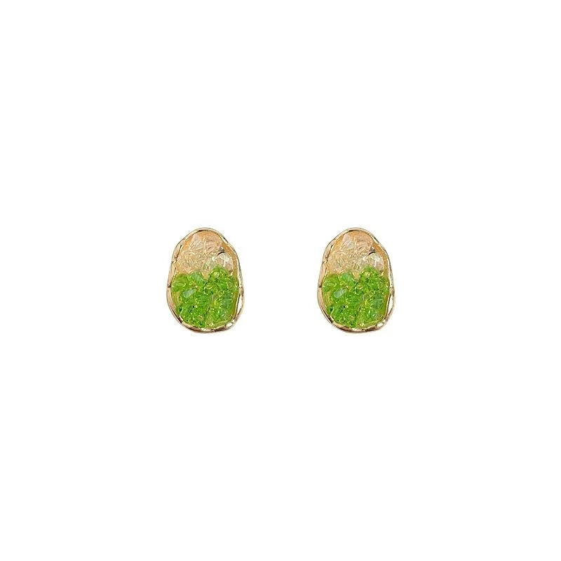 Forest Style Oval Glass Crystal Stud Earrings 14K Plated Geometric Gradient Green Champagne