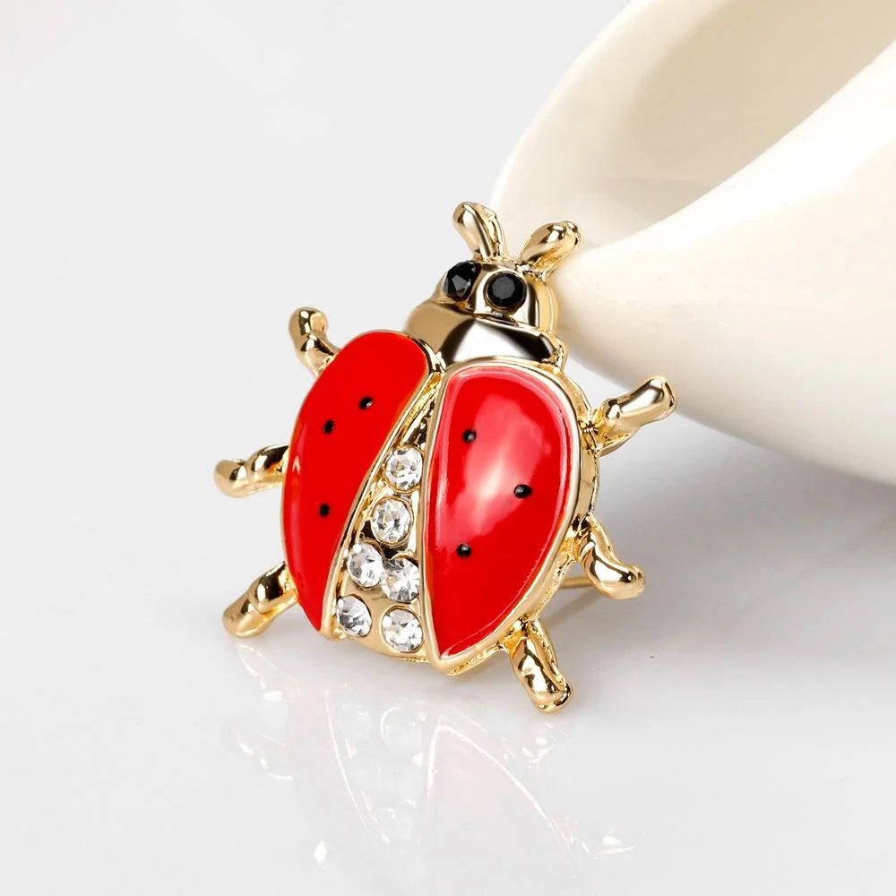 Cute Red Enamel Ladybug Brooch With Rhinestones, Gold Tone Alloy Lapel Pin Corsage Gift For Women