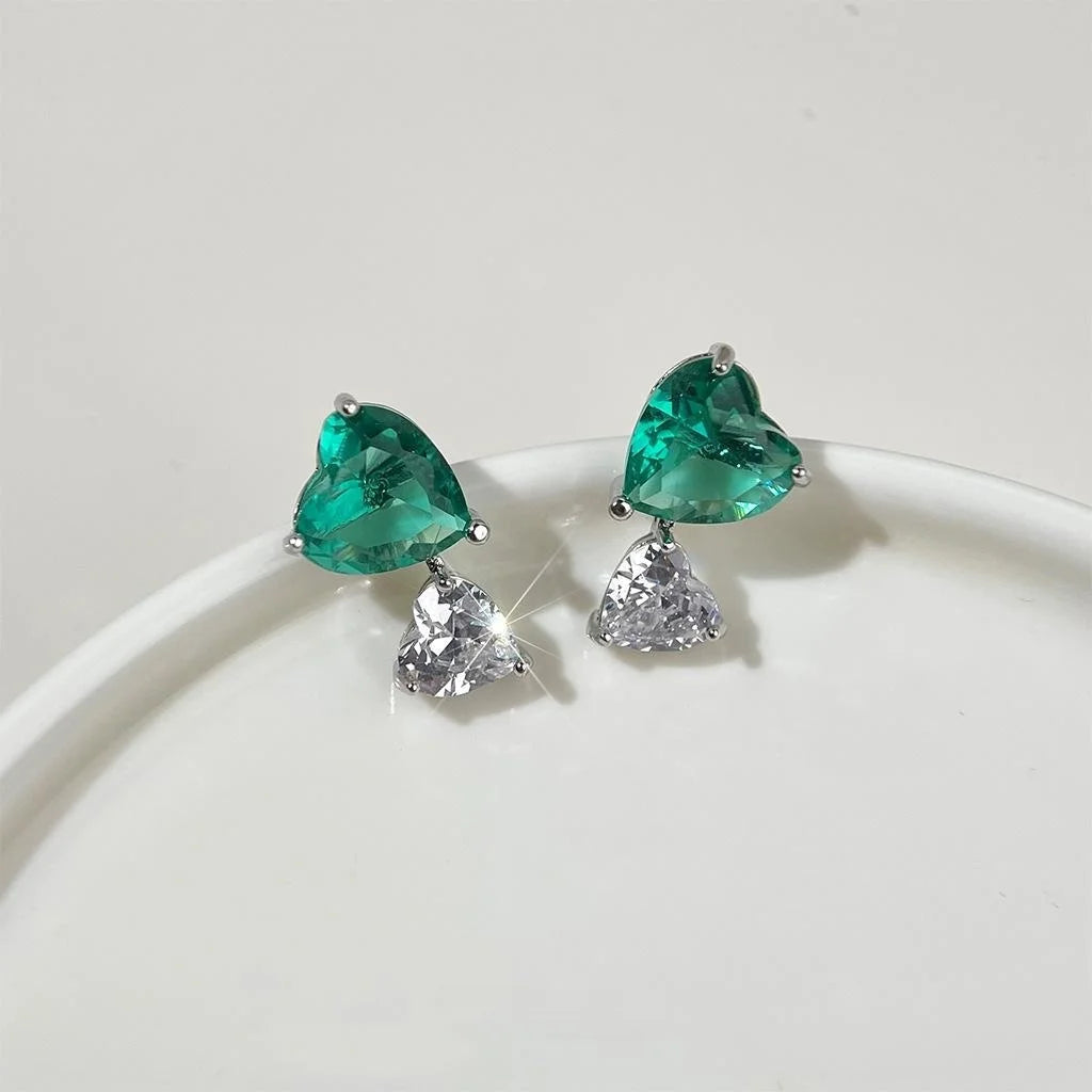 Vintage Green Zircon Heart Stud Earrings, Silver Plated Romantic Fashion Jewelry