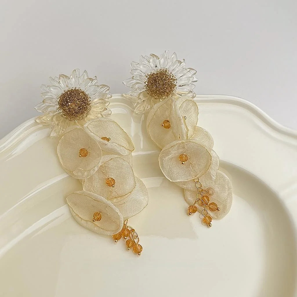 Fairy Style Sunflower Mesh Lace Long Tassel Drop Earrings For Vacation Wear