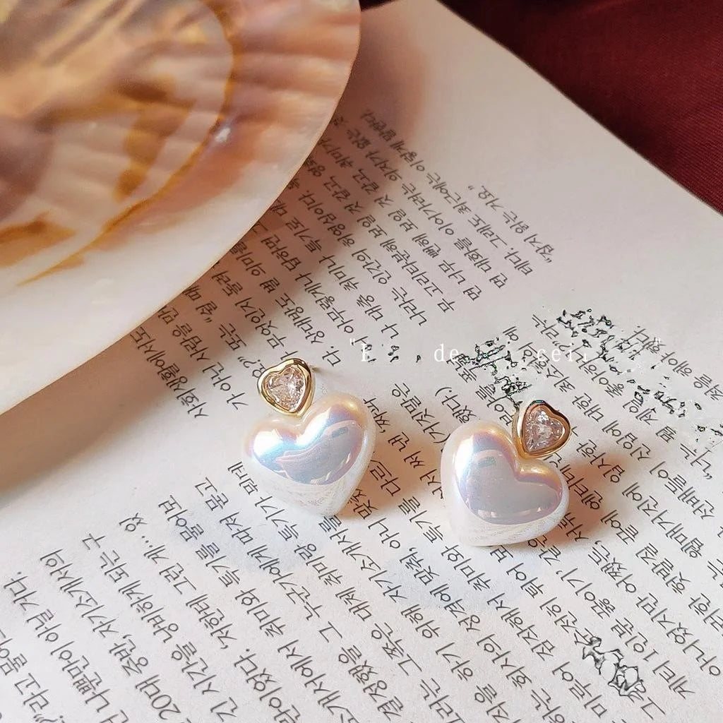 Korean Japanese Sweet Heart Zircon 14K Plated Copper Stud Earrings