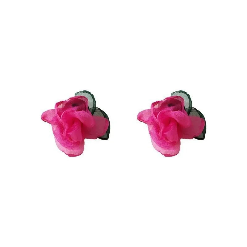 Forest Fairy Fabric Mesh Rose Flower Stud Earrings Silver Plated Pin Sweet Statement Jewelry