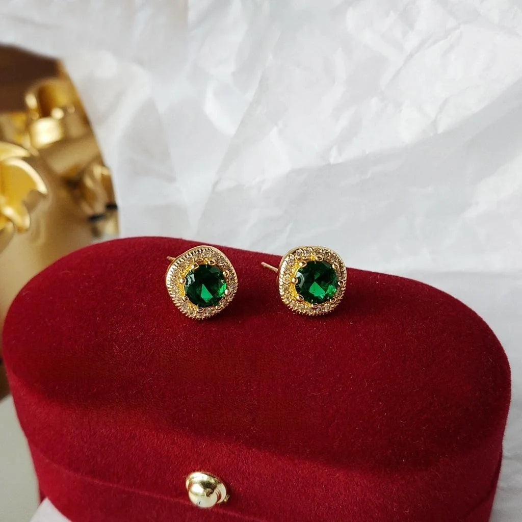 French Vintage 14K Plated Copper Square Emerald Zircon Micro Pave Stud Earrings