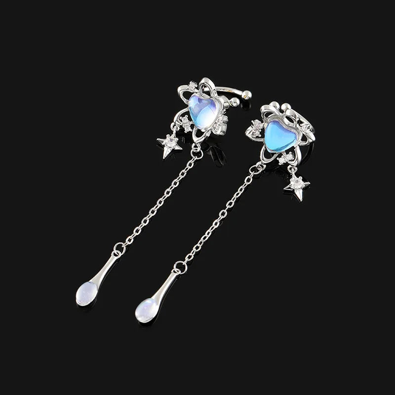 Elegant Alloy Opal Heart Star Rhinestone Long Chain Tassel Ear Cuff Stud & Clip On No Piercing Earrings