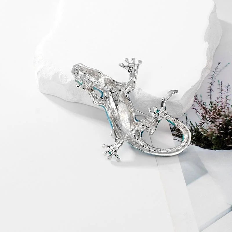 Luxury Enamel Gecko Lizard Brooch With Champagne Rhinestones, Elegant Lapel Pin Corsage Suit Accessory