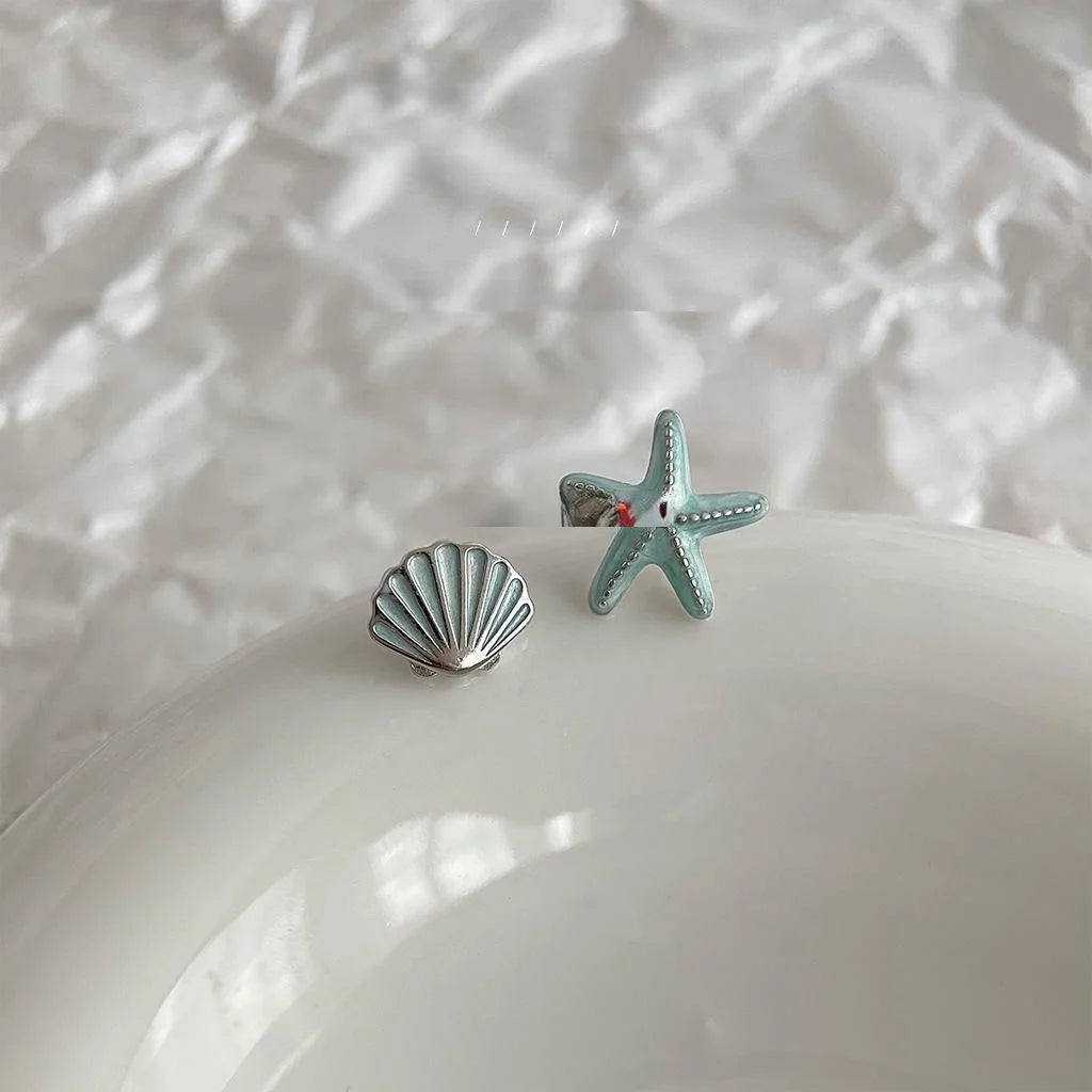 Mini Asymmetric Starfish Shell Copper Stud Earrings, Cute Silver Plated Minimalist Jewelry