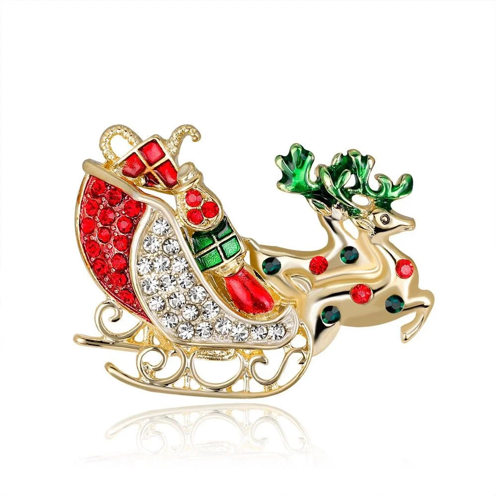 Cute Christmas Reindeer Sleigh Alloy Enamel Rhinestone Brooch, Festive Lapel Pin Corsage Gift