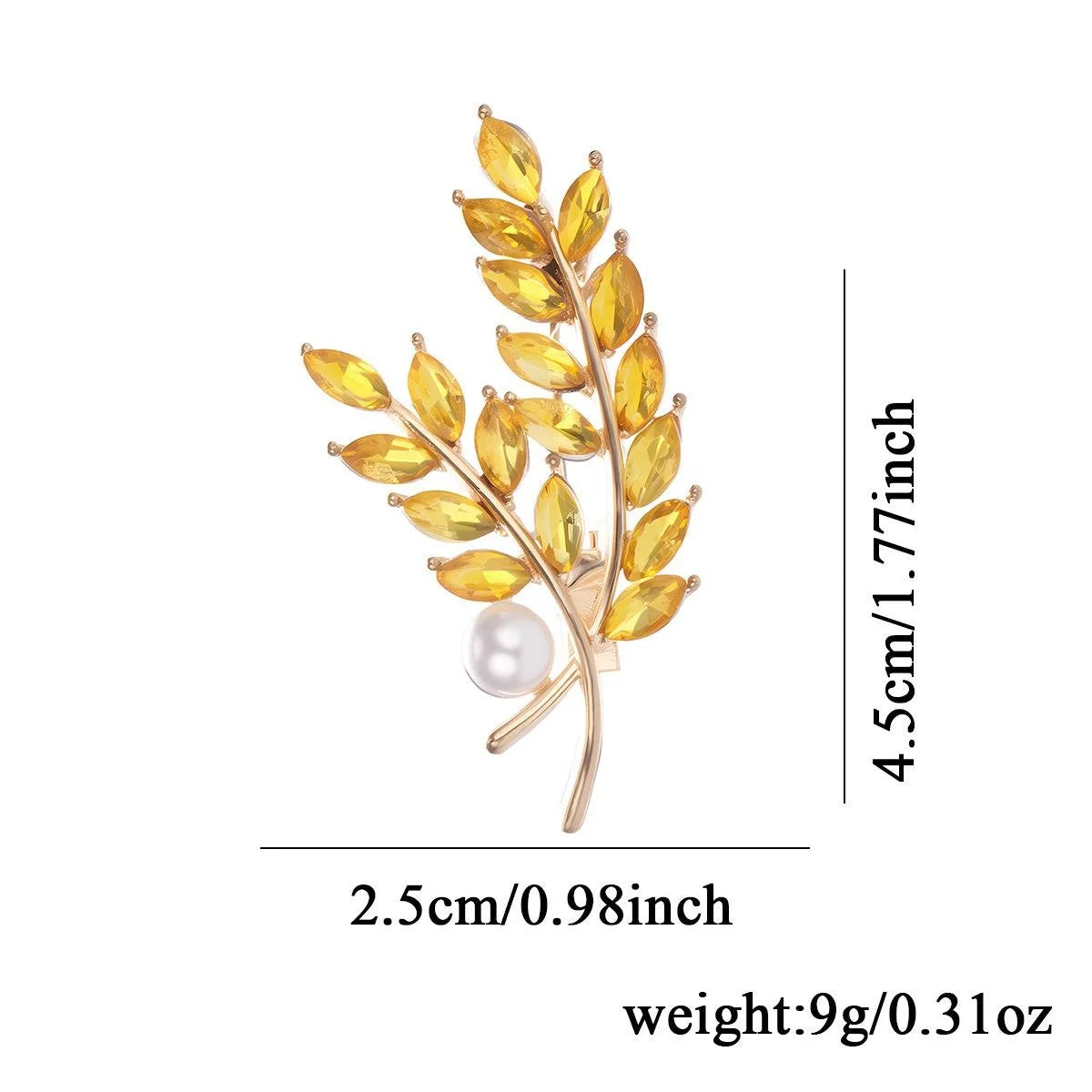 Elegant Gold Tone Alloy Wheat Brooch With Marquise Glass Leaves And Pearl Lapel Pin Suit Accessory