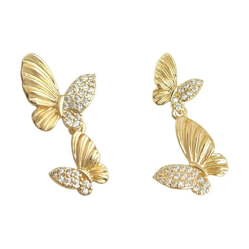 Asymmetric Copper Zircon Butterfly Drop Earrings Sweet Forest Style Women's Jewelry