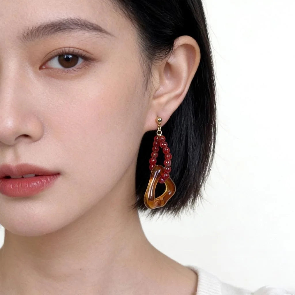 Maillard Style Vintage Handmade Geometric Resin Glass Drop Earrings With Copper