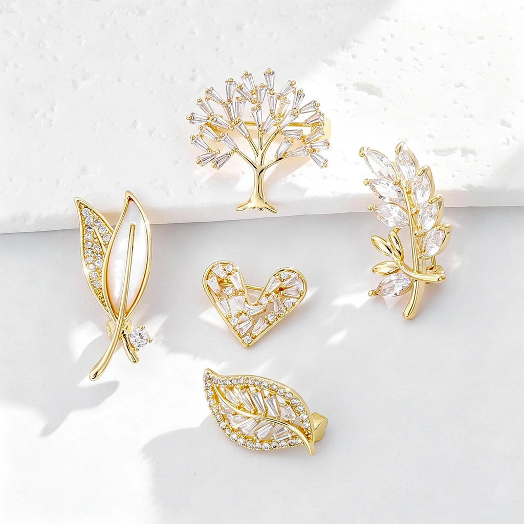 Elegant Zircon Swan Leaf Rose Money Tree Brooch, Luxury Alloy Lapel Pin Corsage Suit Accessory Gift