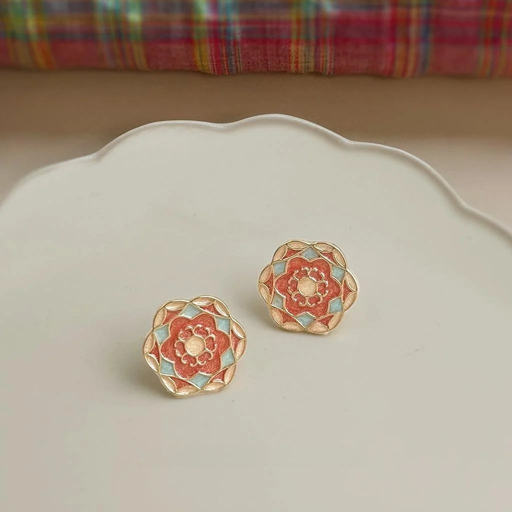 New Chinese Ethnic Enamel Flower Petal Copper Stud Earrings