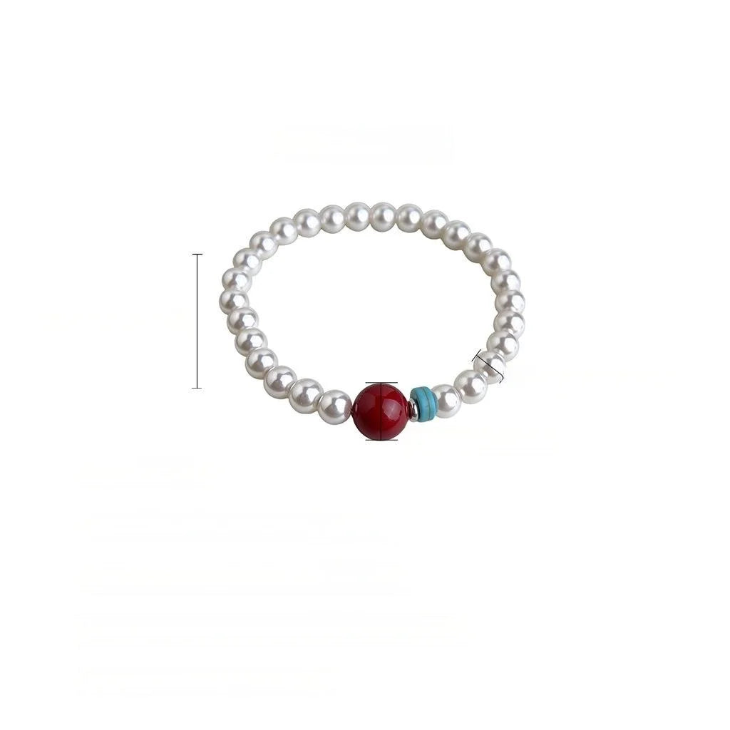 New Chinese Style Glass Pearl And Red Agate Geometric Ring Bracelet For Women