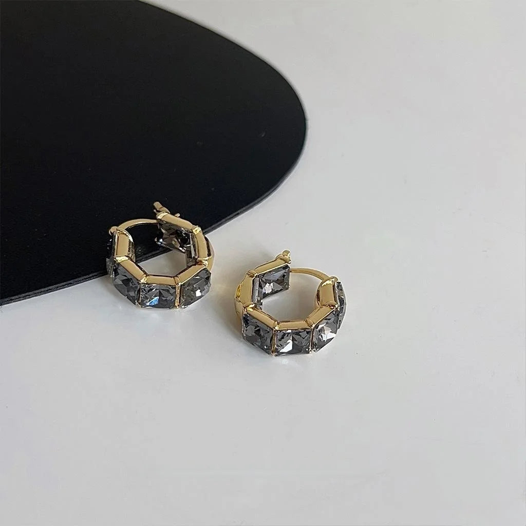 French Luxury Gray Glass Crystal Geometric Ring Drop Earrings, Niche Sugar Cube Style