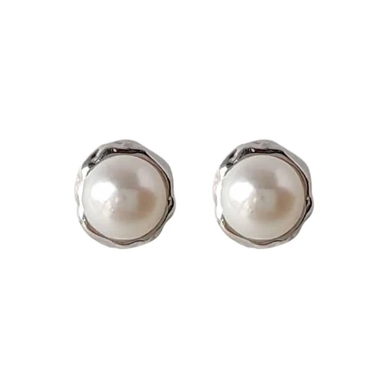 Silver Plated Copper Freshwater Pearl Stud Earrings Minimalist Round Daily Jewelry