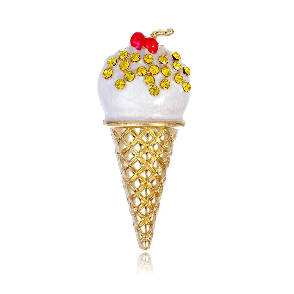 Cute Rhinestone Enamel Ice Cream Cone Brooch With Cherry, Gold Alloy Lapel Pin Corsage Gift