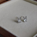 Micro Pave Zircon Mini Rabbit Stud Earrings Silver Tone Copper Minimalist Daily Jewelry