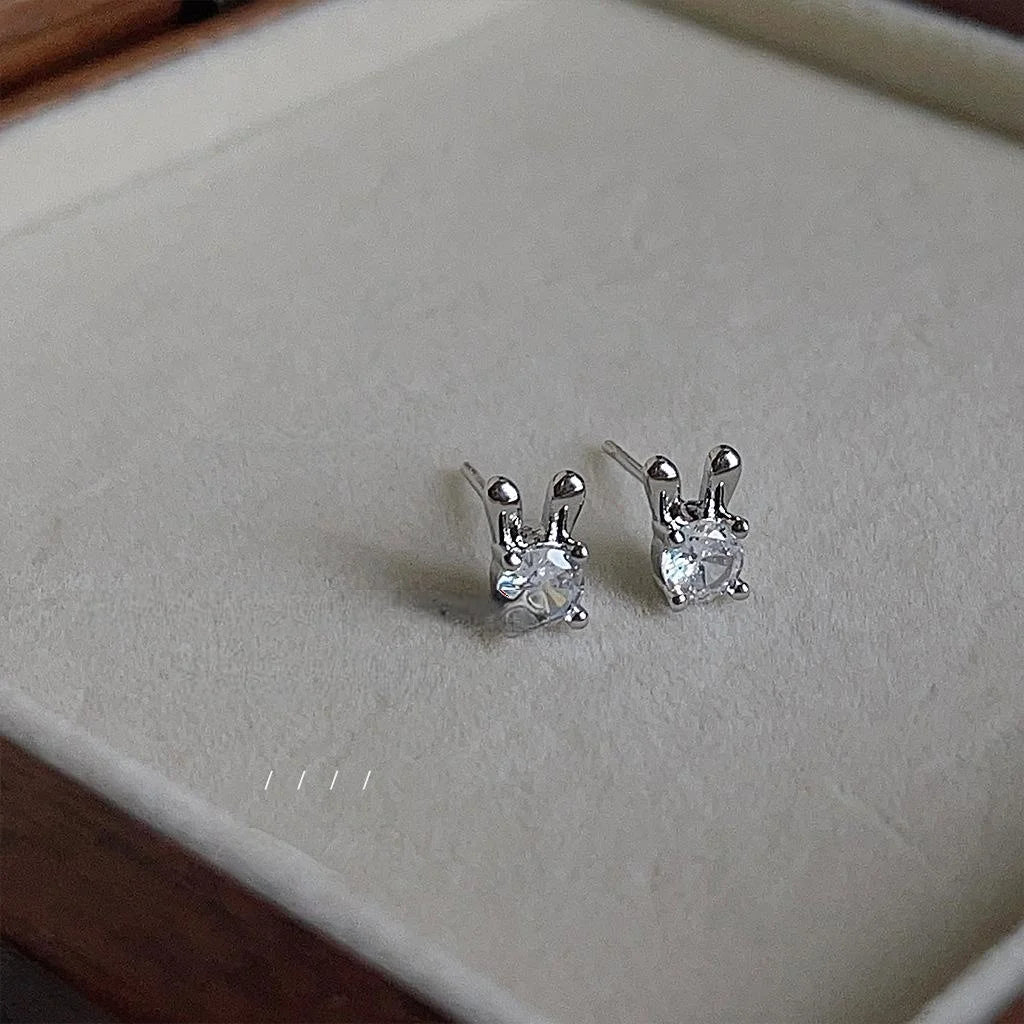 Micro Pave Zircon Mini Rabbit Stud Earrings Silver Tone Copper Minimalist Daily Jewelry