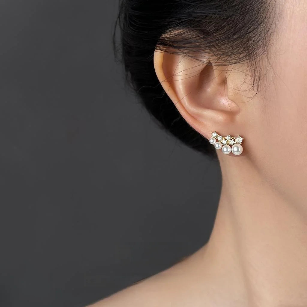 Light Luxury Copper Zircon Pearl Stud Earrings For Women Geometric Firework Ring Line Design
