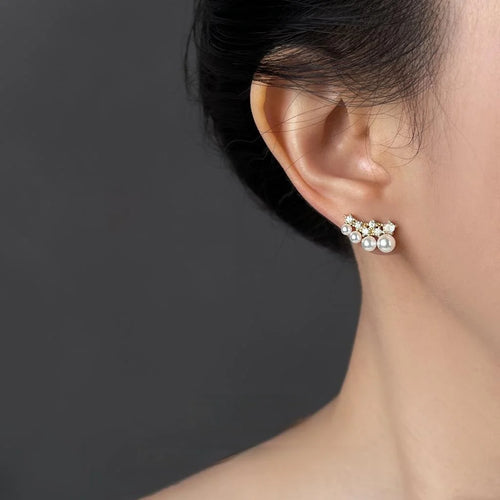 Light Luxury Copper Zircon Pearl Stud Earrings For Women Geometric Firework Ring Line Design