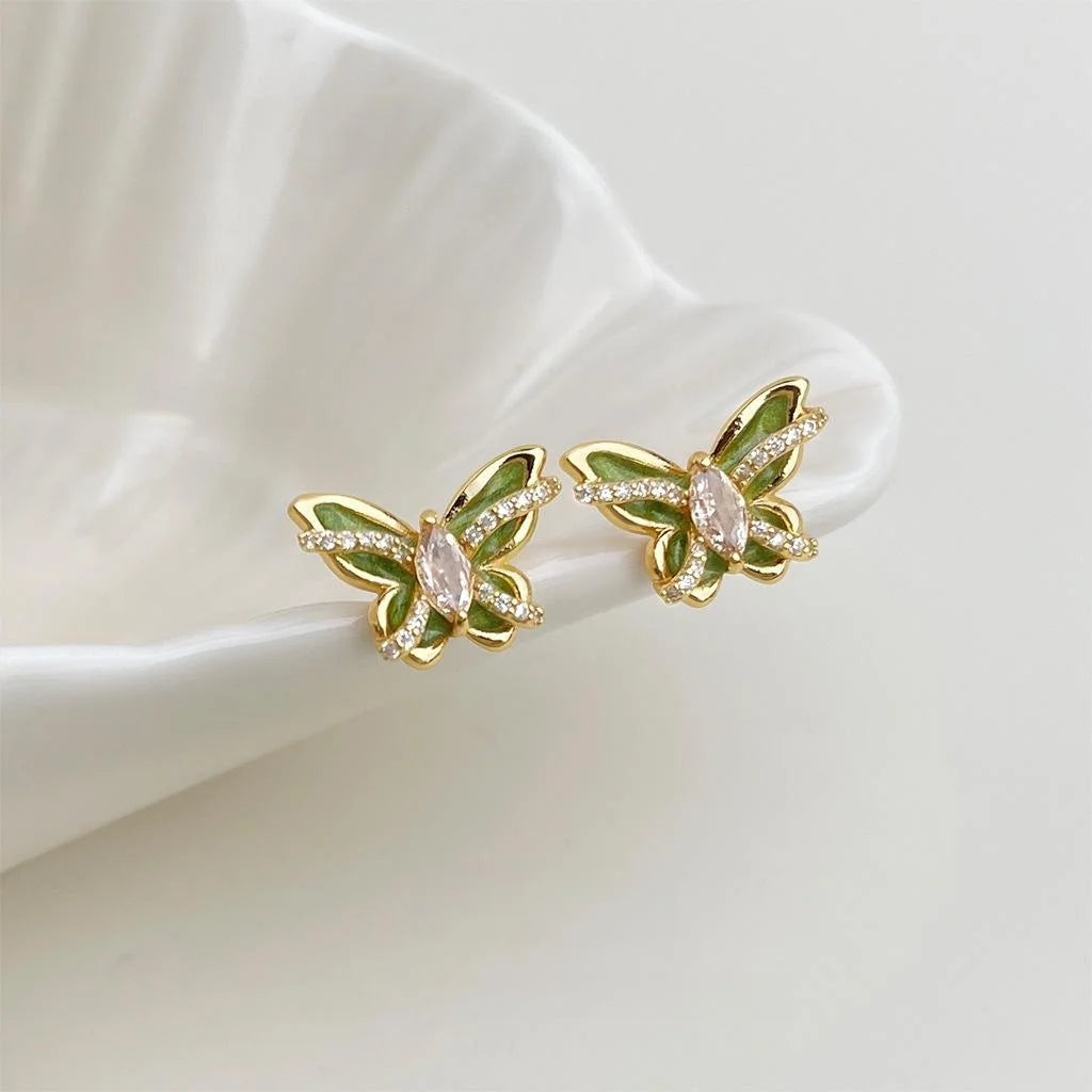 Original Design Copper Zircon Enamel Butterfly Stud Earrings, Sweet Pastoral Silver Plated Jewelry