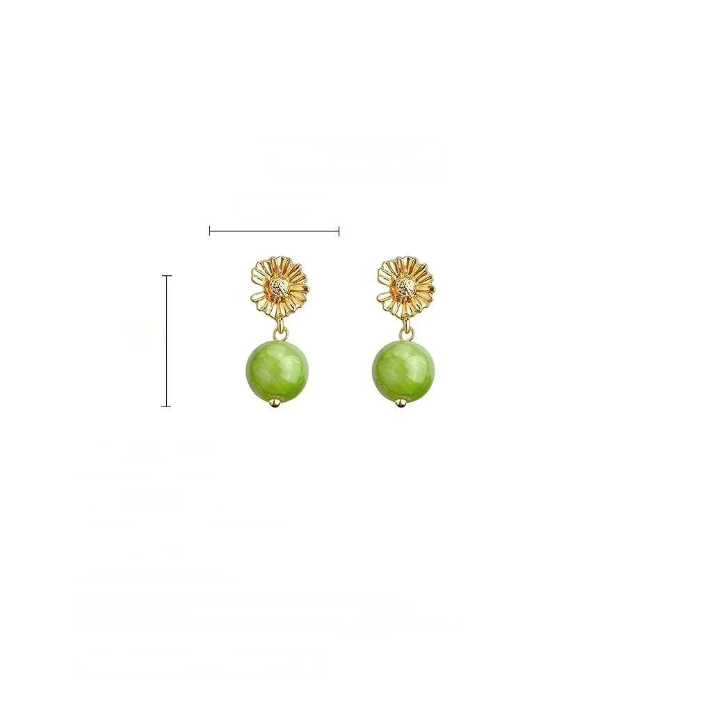 Forest Style Green Daisy Natural Stone Drop Earrings, Eco Friendly Copper Handmade Floral Jewelry
