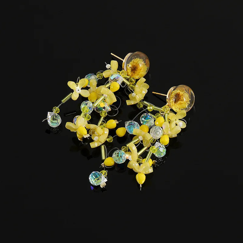 Elegant Yellow Flower Beaded Tassel Crystal Stud & Clip On No Piercing Long Dangle Earrings