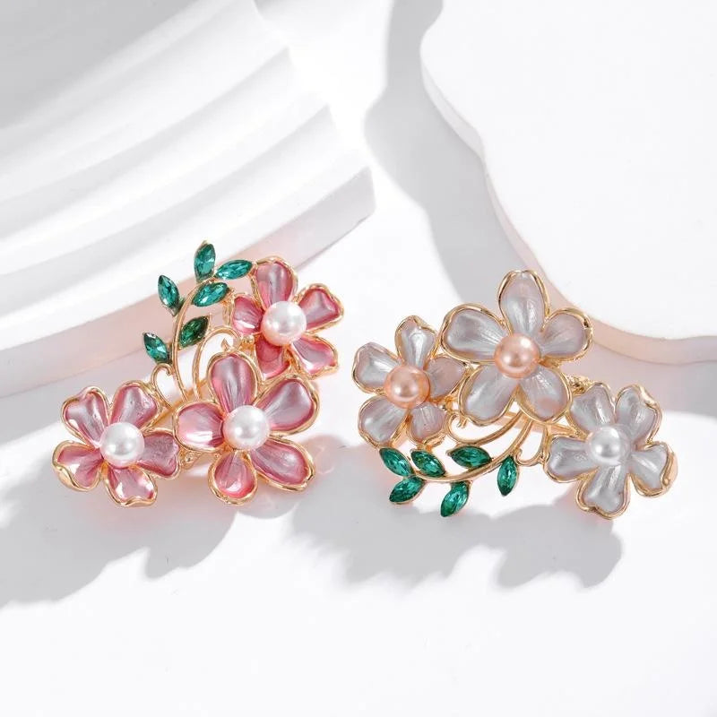 Elegant Korean Style Three Pink Enamel Flower Brooch With Pearl Centers, Alloy Lapel Pin Corsage Gift