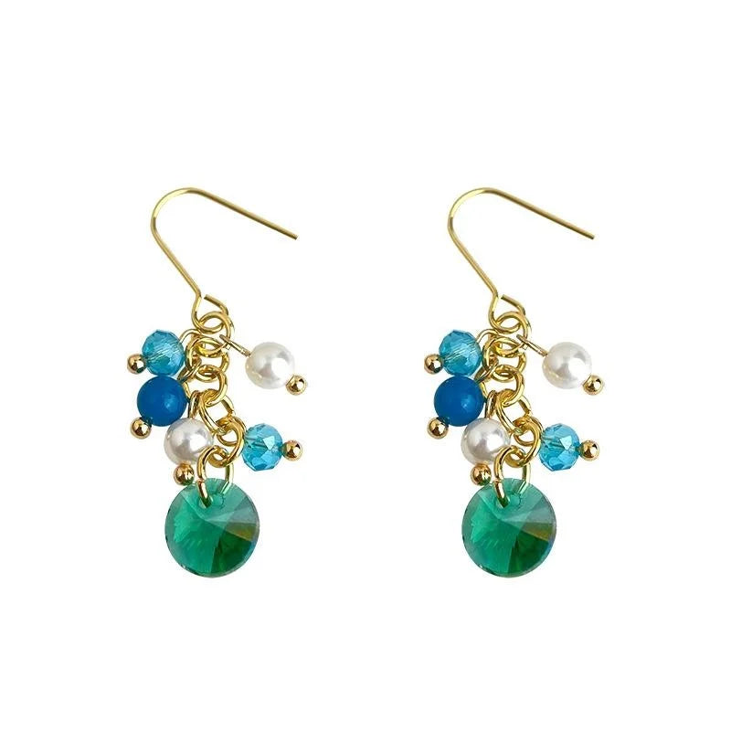 Vacation Style Ocean Blue Glass Crystal Agate Pearl Geometric Round Drop Earrings