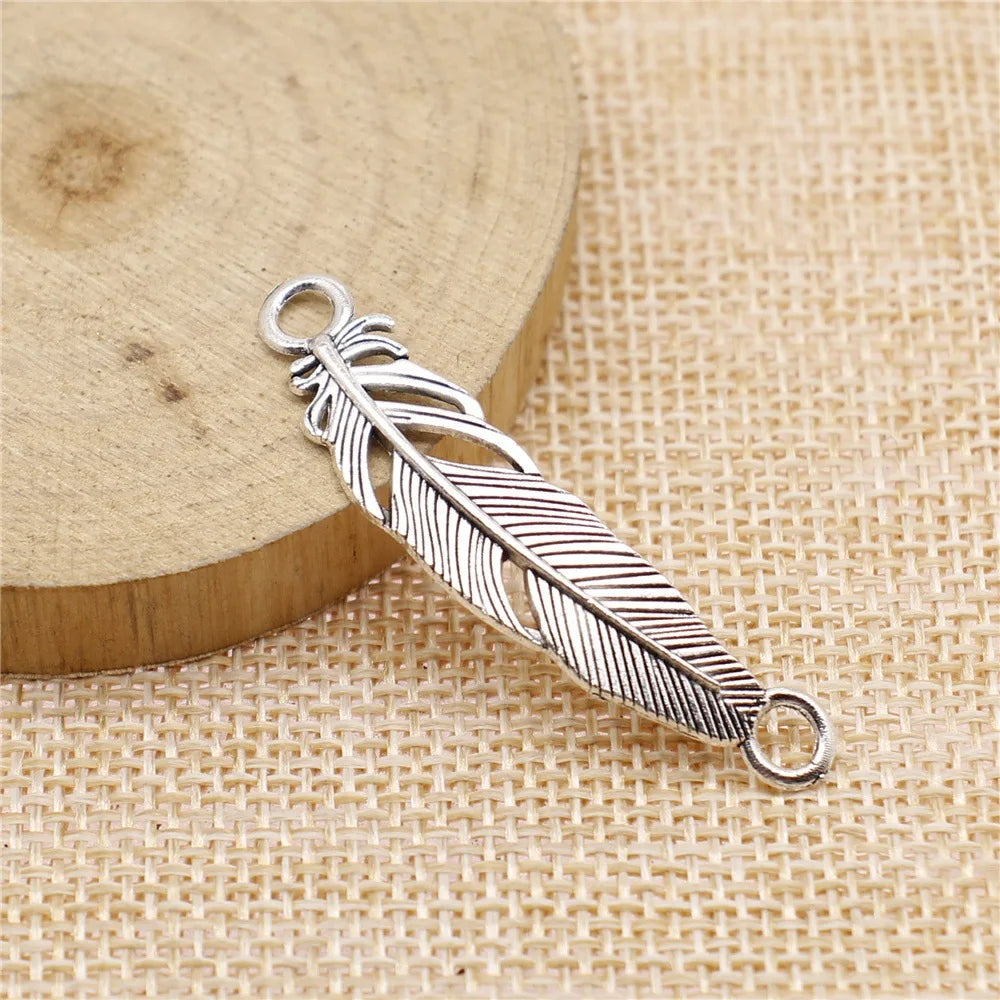 10x46mm 2.2g Antique Silver Zinc Alloy Feather Connector Charm for DIY Necklace Bracelet Jewelry Making
