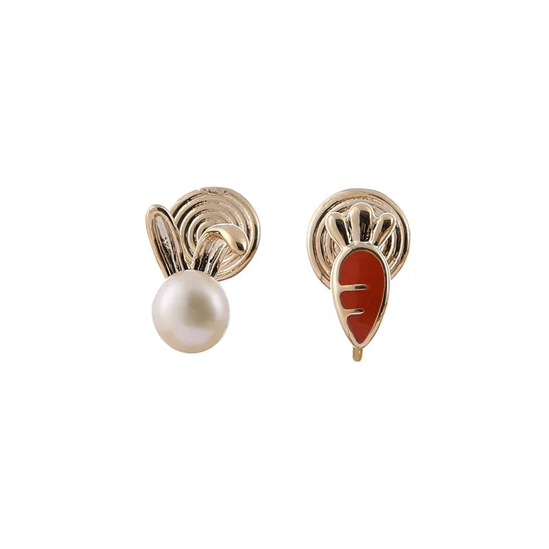Cute Asymmetric Bunny And Carrot Freshwater Pearl Enamel Alloy Stud & Clip On No Piercing Earrings