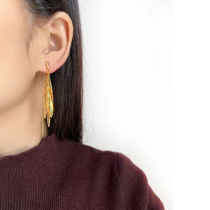 Elegant Gold Alloy Hollow Leaf Tassel Ear Thread Stud & Clip On No Piercing Long Drop Earrings
