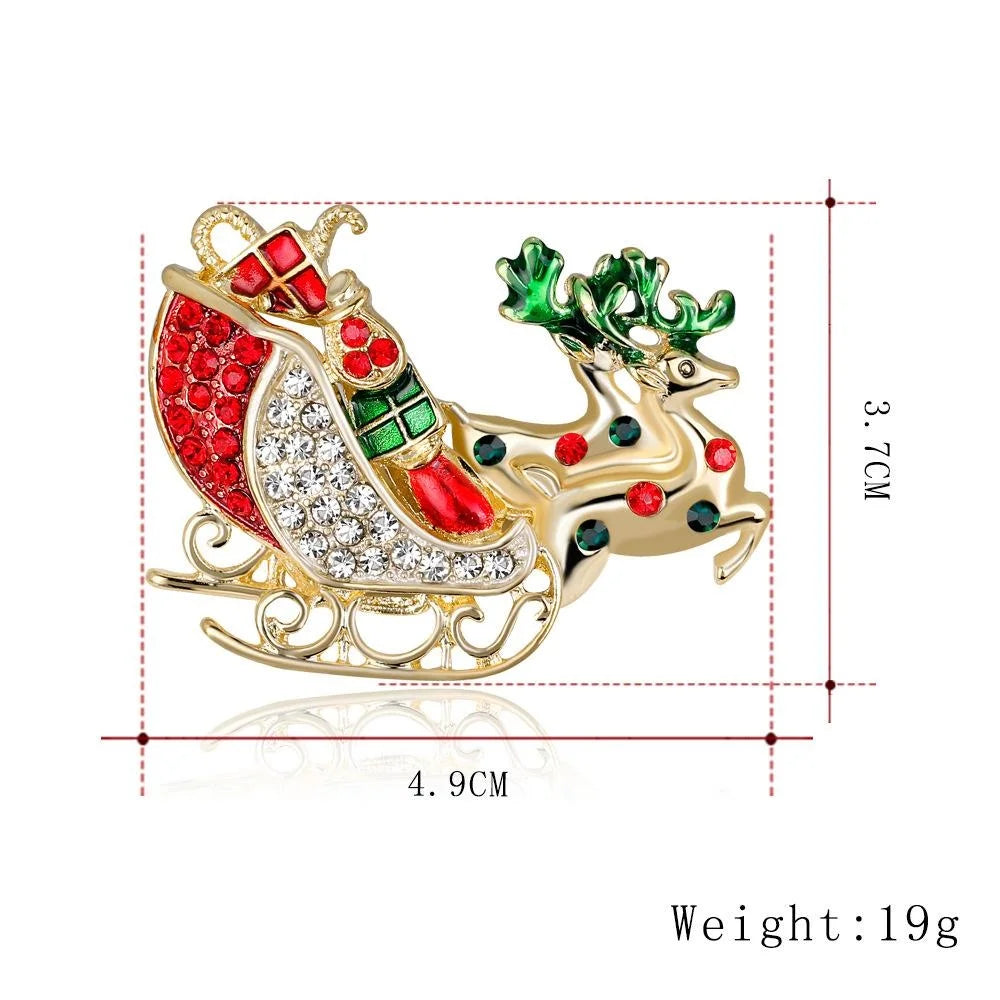 Cute Christmas Reindeer Sleigh Alloy Enamel Rhinestone Brooch, Festive Lapel Pin Corsage Gift