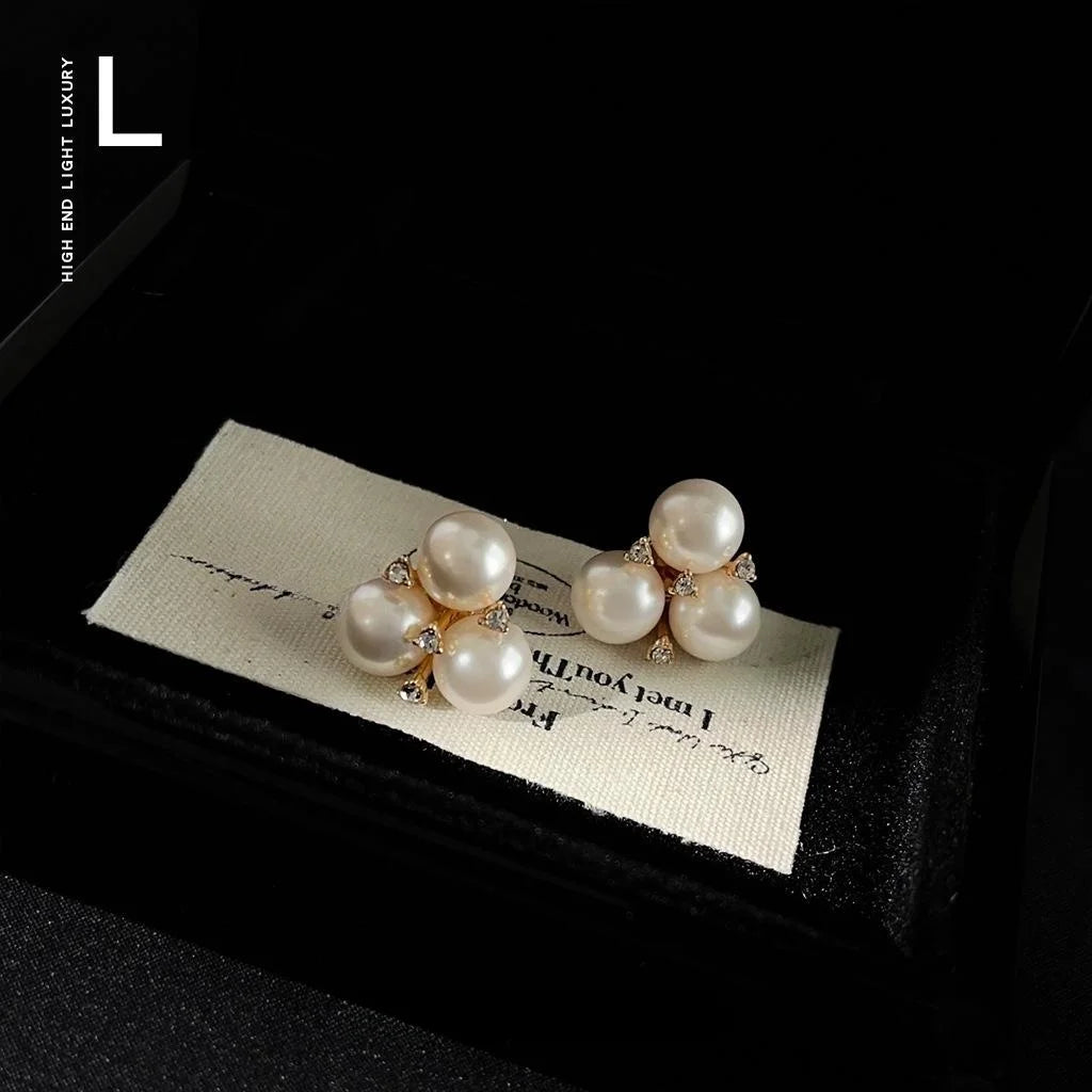 French Vintage Copper Glass Pearl Flower Stud Earrings With Micro Pave Zircon For Women