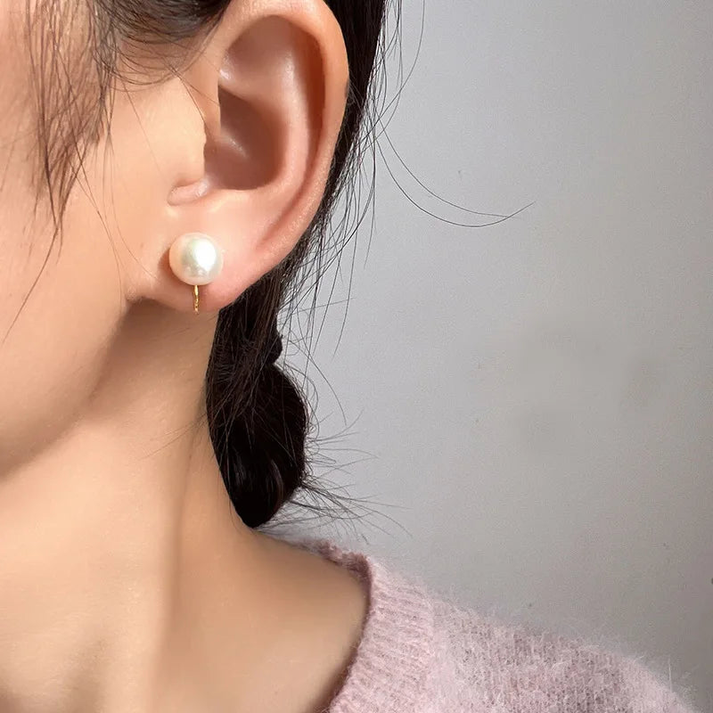 Elegant Round Freshwater Pearl Stud & Clip On No Piercing Minimalist Women's Fashion Earrings