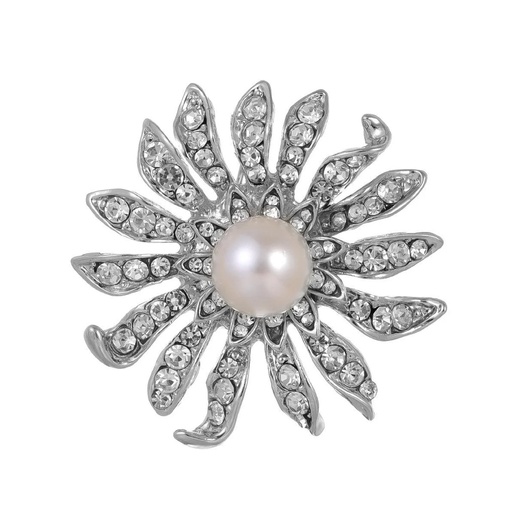Luxury Sunflower Pearl Rhinestone Brooch Pin, Silver Alloy Crystal Lapel Corsage Suit Accessory Gift