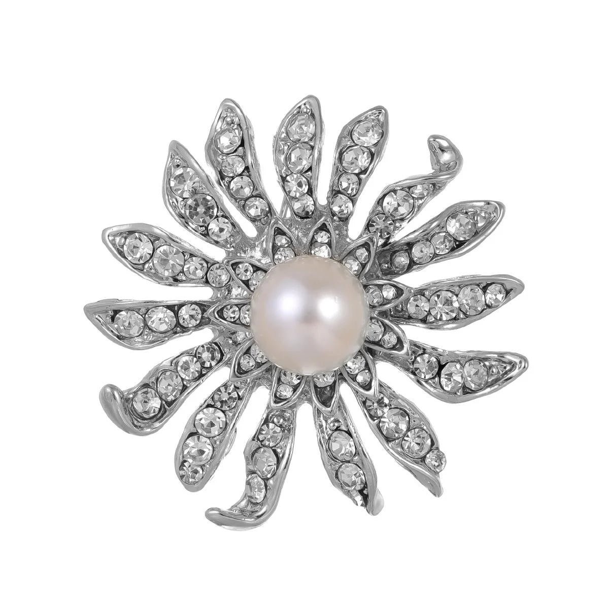 Luxury Sunflower Pearl Rhinestone Brooch Pin, Silver Alloy Crystal Lapel Corsage Suit Accessory Gift