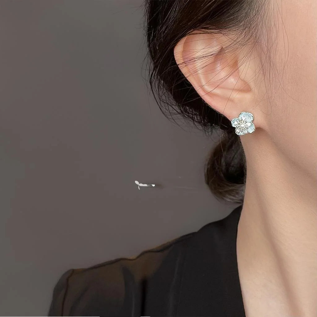 Fresh Sweet Minimalist 3D Blue Flower Stud Earrings Copper Hand Painted Zircon Jewelry